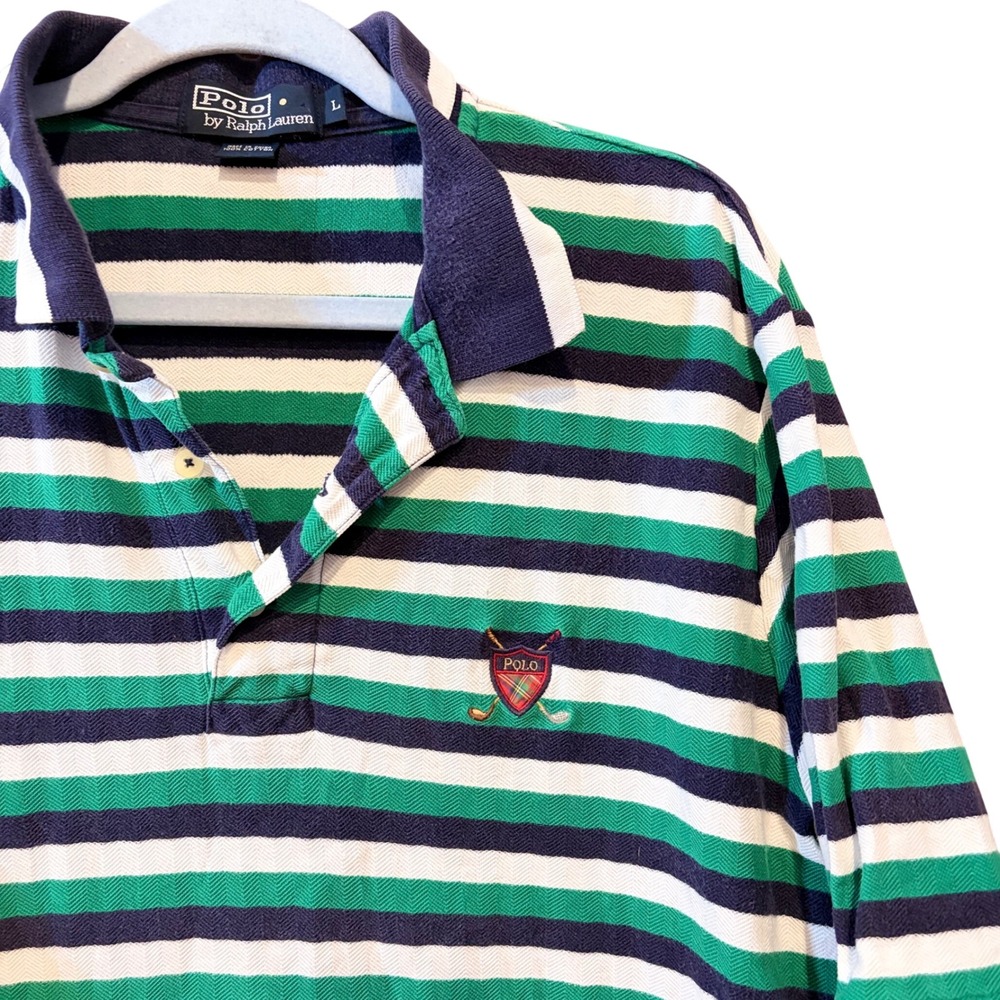 Polo Ralph Lauren Mens Green Navy Blue White Striped Golf Crest Polo Shirt L